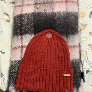 Steve Madden Red Knit Beanie and Plaid Scarf Set
